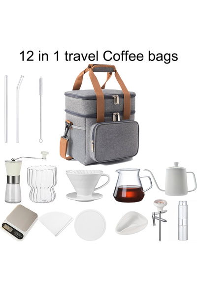 EHOME طقم ماكينة قهوة V60 لتحضير القهوة المقطرة، طقم سفر كامل مكون من 13 قطعة مع مطحنة يدوية وغلاية