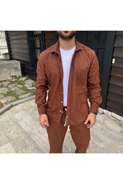 NERA GİYİM طقم رجالي مكون من قميص وبنطلون من قماش كريميت قماش مجدّل المخملي