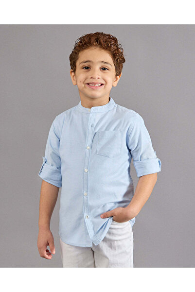 REDTAG قميص أزرق للأولاد بياقة ماندرين وجيب أمامي