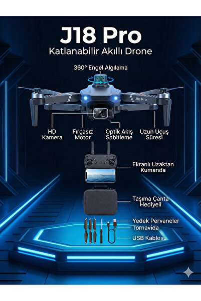 FaroxTech J18 Pro 360° Engel Algılamalı Fırçasız Motorlu HD Kameralı Katlanabilir Drone