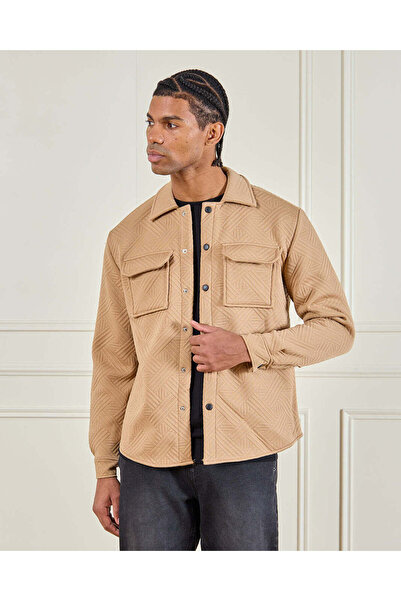 REDTAG Men Beige Collared Jacquard Shacket