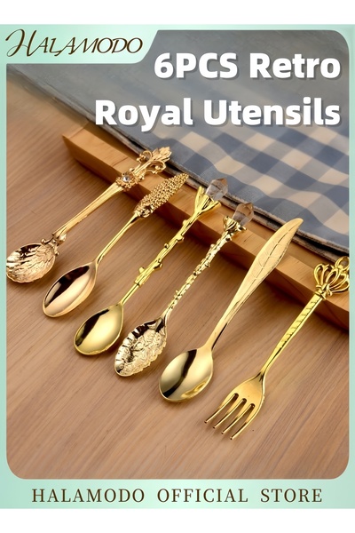 HALAMODO طقم ملاعق وشوك قهوة صغيرة على الطراز الملكي، مكون من 6 قطع، ذهبي، 11.8 × 2 سم