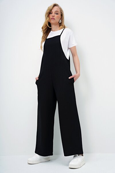 Trend Alaçatı Stili Γυναικεία λινή φόρμα με μαύρα τιράντες και βασικό βαμβακε...