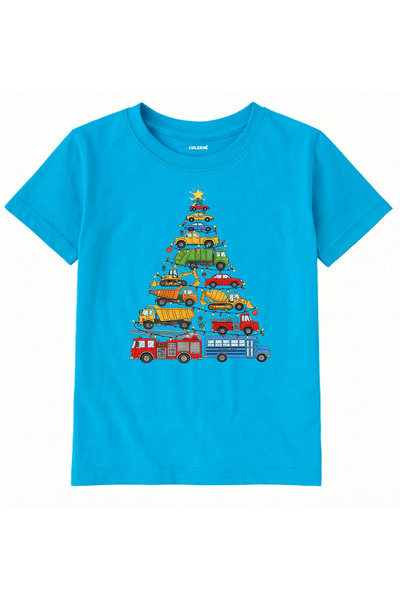 Colermi Cotton Fabric Children's T-Shirt – Christmas Tree with Vehicles Printed