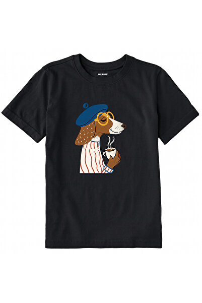 Colermi Cotton Fabric Children's T-Shirt – Dog in a Beret Drinking Coffee B P...
