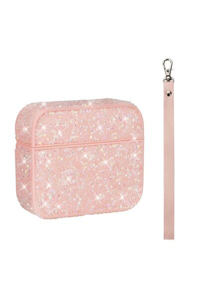 HTstore سماعات أذن متوافقة مع إيربودز 3. حافظة نيسيل زور إيرباج 45 شفافة لامعة مع حزام معصم - وردي