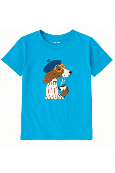 Colermi Cotton Fabric Children's T-Shirt – Dog in a Beret Drinking Coffee B P...