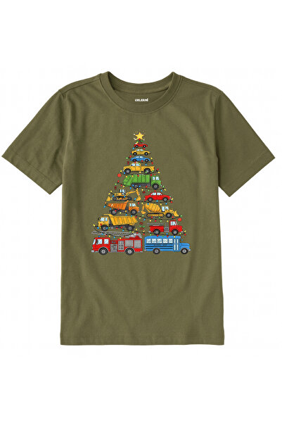 Colermi Cotton Fabric Children's T-Shirt – Christmas Tree with Vehicles Printed