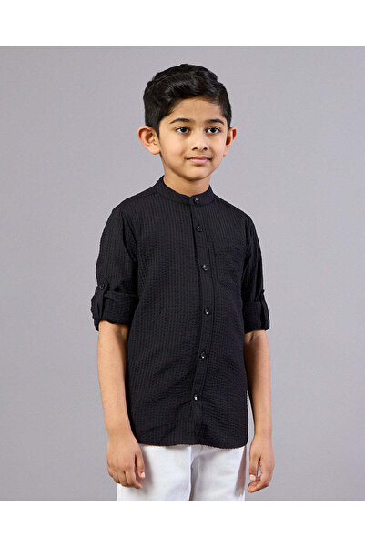 REDTAG Boys Black Mandarin Collar Shirt