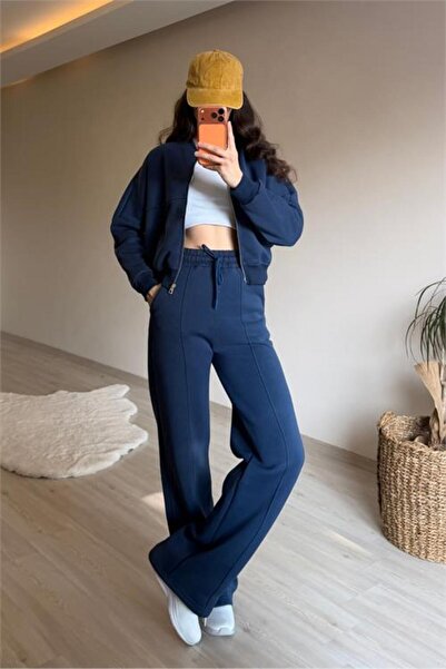 Neşeli Butik طقم رياضي نسائي مكون من قصة فضفاضة جيوب بخيوط ثلاثية NM029