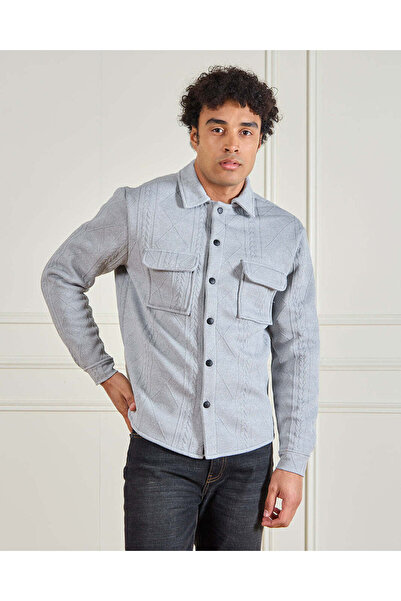 REDTAG Men Grey Collared Jacquard Shacket