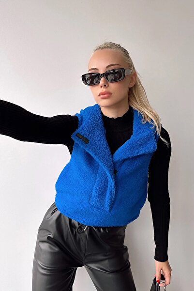 Trend Alaçatı Stili Women's Saks Half Placket Jacket Collar Plush Hooded Vest...