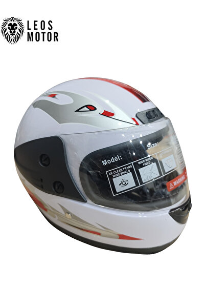 LEOS MOTOR -FULL FACE KASK-İTHAL-BEYAZ KIRMIZI DESENLİ-DERİ BOYUNLUKLU-