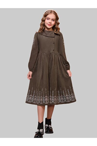 LALEENA FASHION فستان بناتي شتوي أنيق بلون بني جذاب، مزين بتطريزات رائعة تضيف لمسة من السحر والتميز