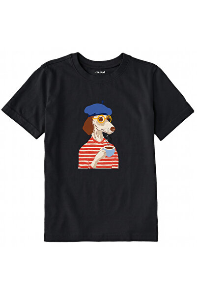 Colermi Cotton Fabric Children's T-Shirt – Dog Drinking Coffee in Beret Printed