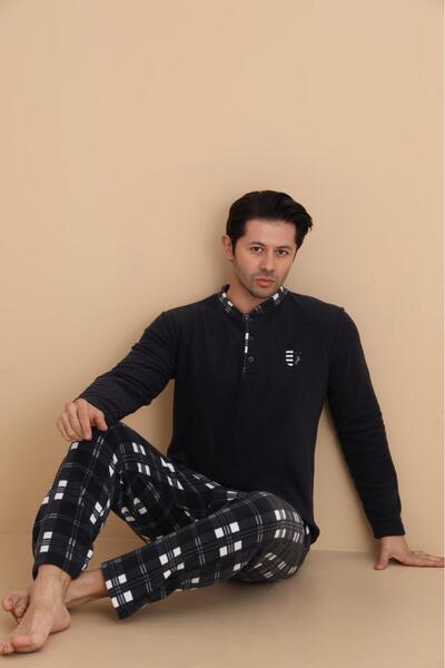 STELLAPİNK Siyah Beyaz Ekose Desenli Polar Erkek Pijama Takımı