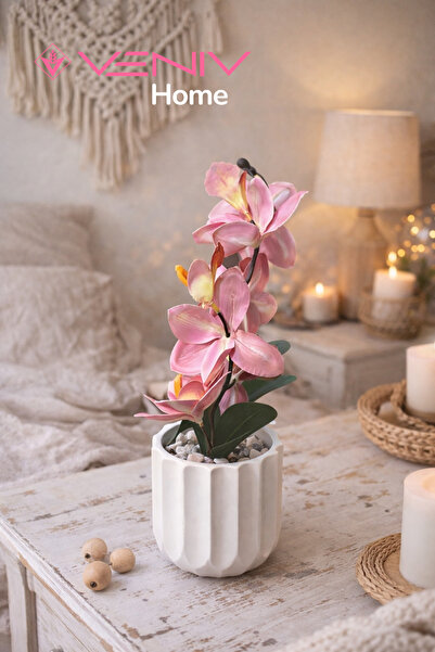 VENİV Dekoratif Yapay Pembe Orkide + Saksı - 40 cm