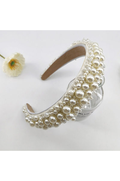 Choice طوق رأس أبيض من القماش والبلاستيك مزين باللؤلؤ الصناعي الكريستالي مقاس...