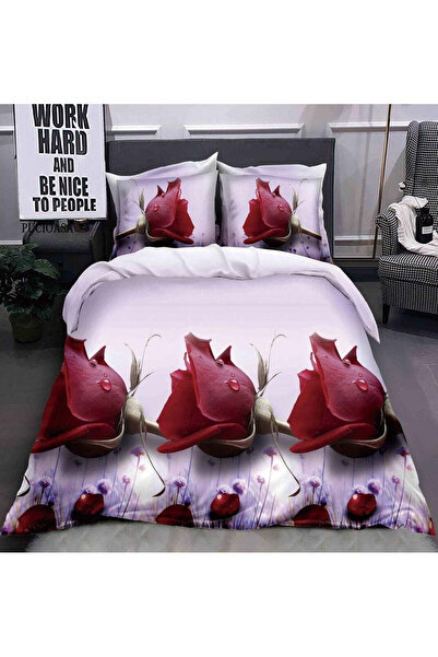 trendyhome Double Bed Linen with Elastic, 4 Pieces, 3D – Roses, Red, BT-10