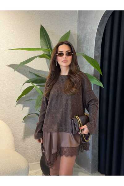 By Merve Darende Kahve Dantel Detaylı Triko Tunik / Elbise