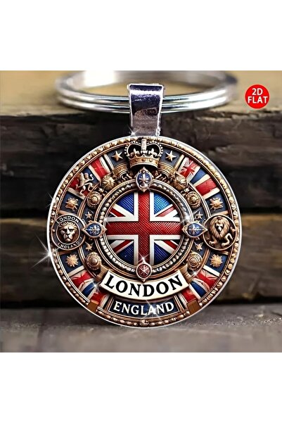 Choice 1pc Vintage London Keychain: Round glass pendant with Union Jack, crow...