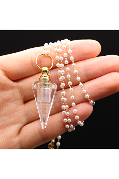 Choice قلادة من الكوارتز الشفاف 18 × 50 مم، مصنوعة من حجر طبيعي وكريستال، على شكل زجاجة عطر، مع قلادة من اللؤلؤ الصناعي.