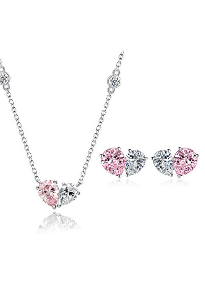 Choice طقم مجوهرات زاكول الوردي الرومانسي على شكل قلب من الزركونيا الوردية لل...