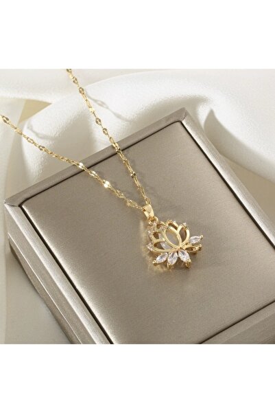 Choice قلادة أنيقة بلون ذهبي على شكل زهرة اللوتس YB6492-1، مرصعة بأحجار الزركونيا المكعبة المتلألئة، مثالية لـ
