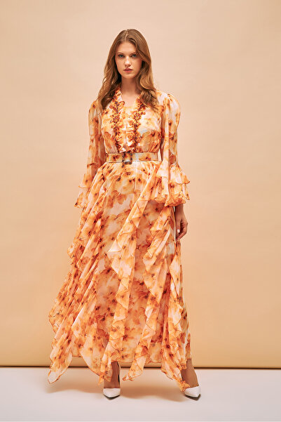 İnce İşleme ve Kemer detaylı ipeksi Şifon Uzun Abiye Elbise