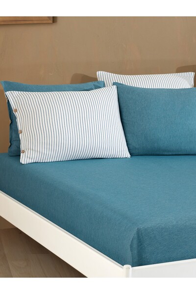 Cottonest طقم ملاءات مطاطية مزدوجة مقاس 160 × 200 سم - غطاءان للوسادة - تصميم ناعم وأنيق