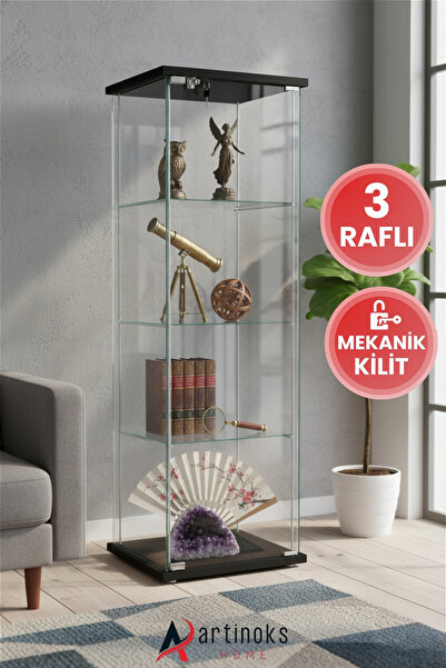 artinoks 3 Raflı Kilitli Cam Vitrin Dolap Gümüşlük Koleksiyon Sergi Kitaplık ...