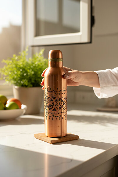 Yardımcı Bakır Since 1997 Modern Copper Hand Carved Flask Thermos - Water Bottle Copper Water Bottle 700 ml