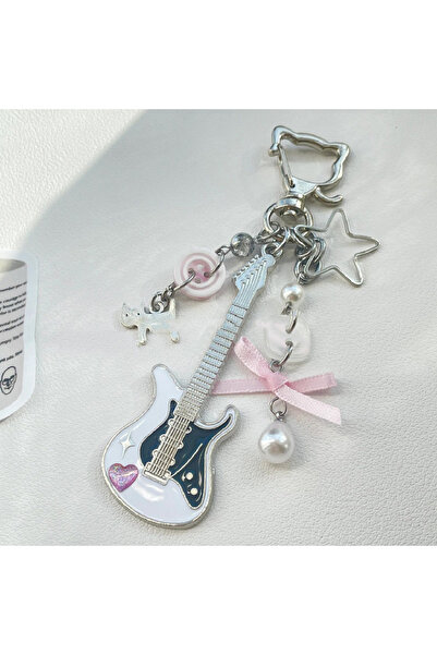 Choice Pink Y2K Cat Guitarist Keychain. Handmade beaded guitar with black cat...