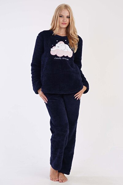 VİENETTA Women's Soft Textured Welsoft Fabric Long Sleeve Navy Blue Pajama Set C4T4N0603
