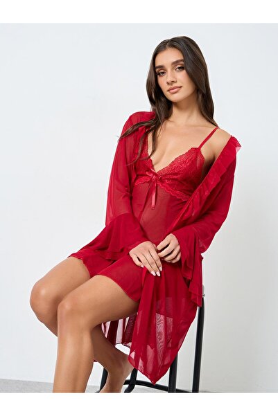 Take Two By Styli Red Mesh Flare Sleeve Robe with Bow Detail Cami Dress Set