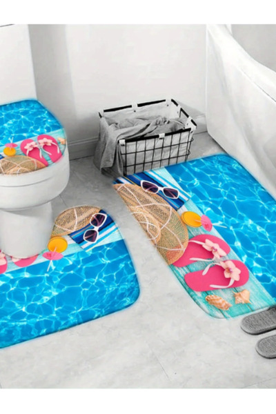 OEM Bathroom Set: Curtain, Mats and Toilet Cover - Summer Beach