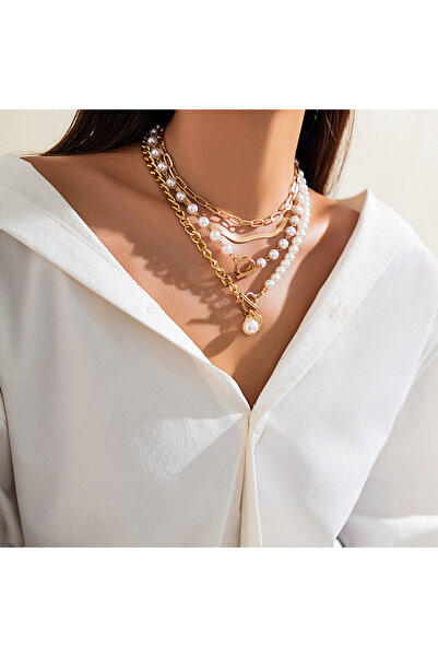 Choice Gold Color Layered Imitation Pearl and Thick Chains Choker Necklace for Women Tendy Beaded Chains on