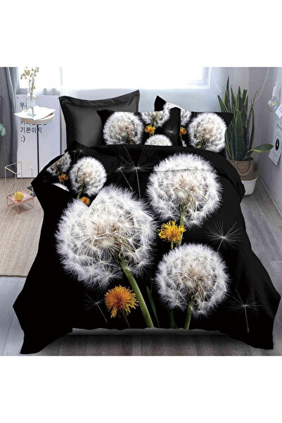 trendyhome Double Bed Linen with Elastic, 4 Pieces, 3D – Dandelion Pattern, Black, BT-03