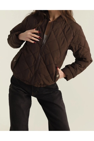 diğerr1 Kahverengi Fermuarlı Cepli Kapitone Kadın Mont