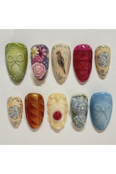 Choice Y14 ٢٤ قطعة أظافر صناعية سوداء متدرجة اللون، بتصميمات كرتونية لطيفة عل...