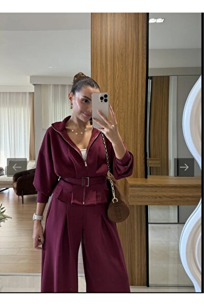 Patreon Beli Kemerli Pileli Hırka Yüksek Bel Bol Pantolon Alt-Üst Modal Takım