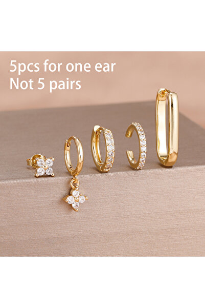 Choice أقراط حلقية فاخرة مرصعة بالزركون على شكل زهرة، لون ذهبي وأبيض، 5 قطع، ...