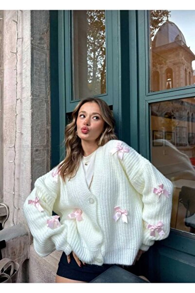 MELSUM V Yaka Fiyonklu Örgü Hırka Ceket Yumoş Ovirsize Hırka