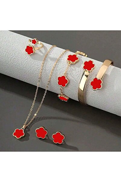 Choice طقم مجوهرات نسائي أحمر مكون من 6 قطع، طقم مجوهرات أنيق وعصري يتضمن قلا...