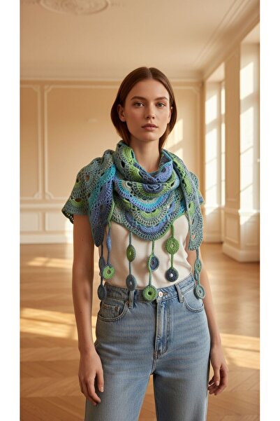 Gönülden Tasarım Hand Knitted Blue Women's Shawl 155X50 cm