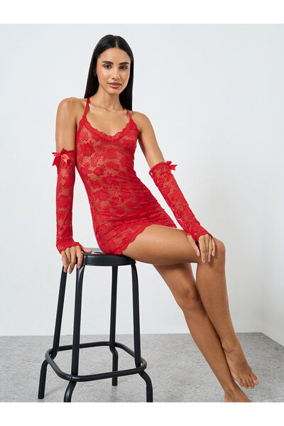 Styli Women Floral Mesh Bodycon Slip with Gloves and Brief