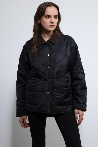 Antioch Black Contrast Collar Patterned Coat