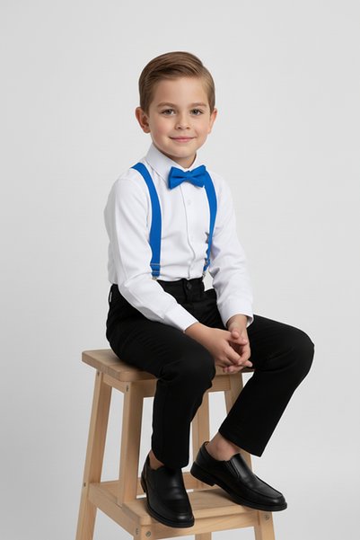 Merdia Kids Erkek Çocuk Uzun Kol Beyaz Gömlek ve Mavi Askı Papyon Takım