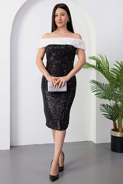 PULLIMM Rochie cu paiete cu guler de blană 5635