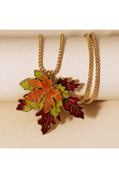 Choice قلادة ذهبية بطول 50 سم K1241 على شكل ورقة قيقب مطلية بالزيت، مناسبة للسيدات، مع سترة أنيقة من سبيكة معدنية مزخرفة بأوراق شجر.